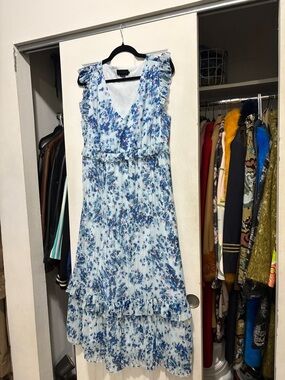 Hatch Light Blue Floral Ruffle High-Low Dress